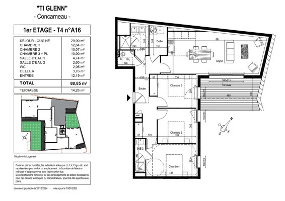 Résidence "TI GLENN" à vendre appartement 4 pièces de 88.85 m² au centre Ville de Concarneau