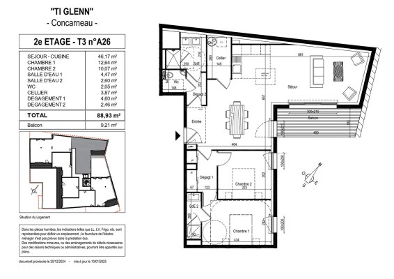 Résidence "TI GLENN" à vendre appartement 3 pièces de 88.93 m² au centre Ville CONCARNEAU